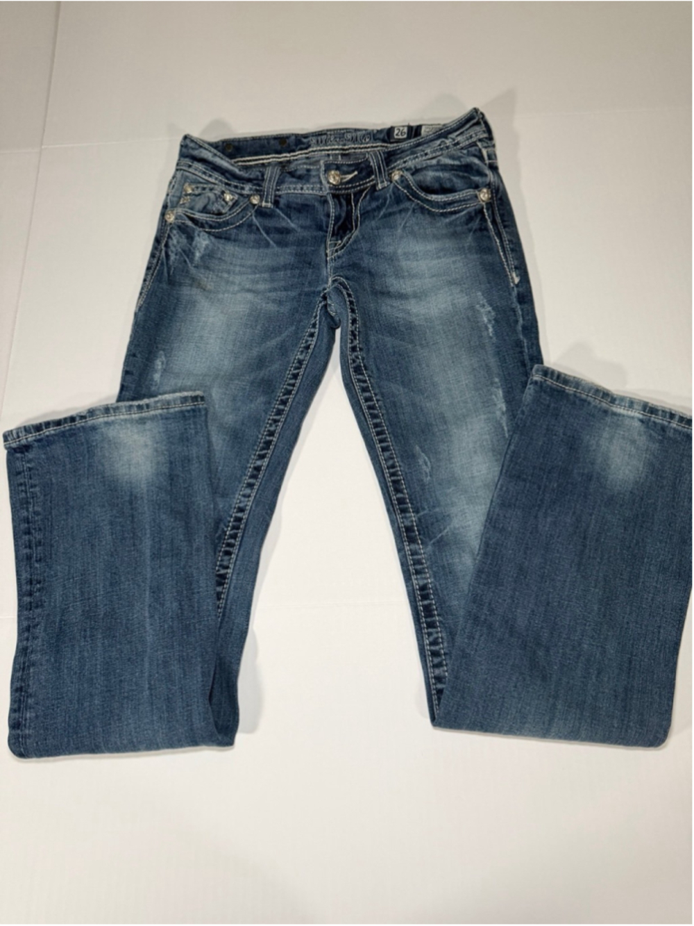Miss Me Peace blue low-rise bootcut denim jeans tagged 26, see measurements